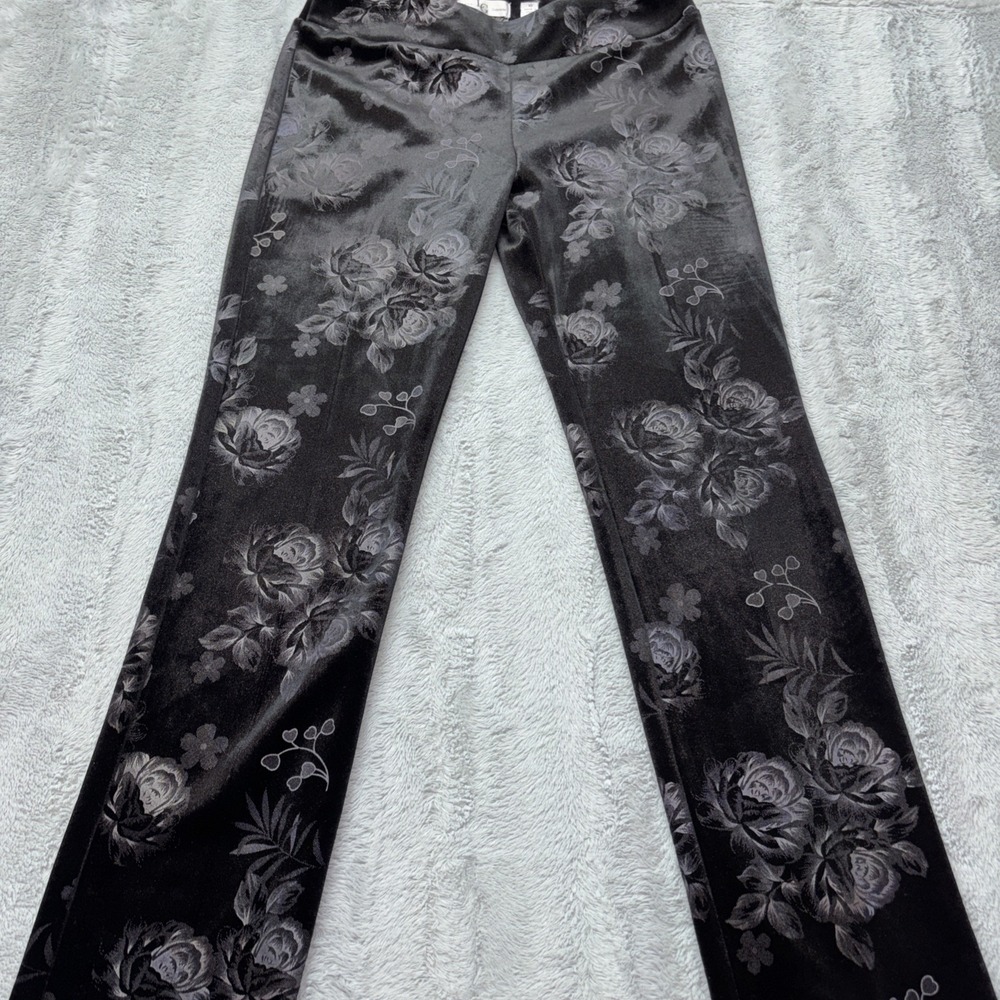 Lena Gabrielle Womens Pants Sz 10 Black silver Floral Stretch Straight velvety